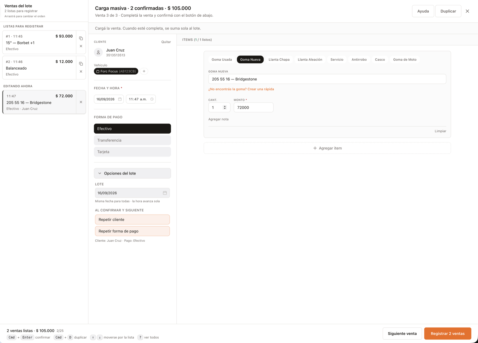 Bulk sale entry screen with keyboard shortcuts and draft autosave